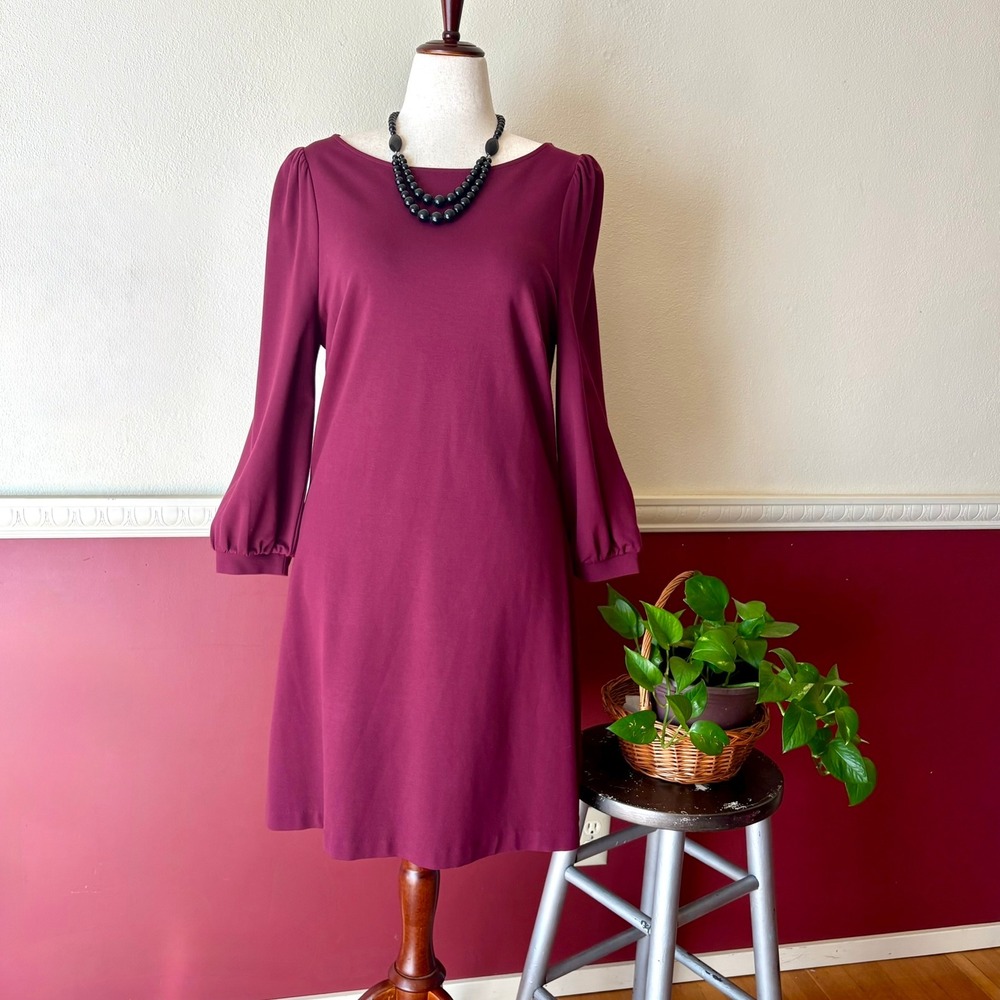 Boden Burgundy Plum Puff Sleeve Shift Dress 12 Bateau Jersey Autumnal Minimalist